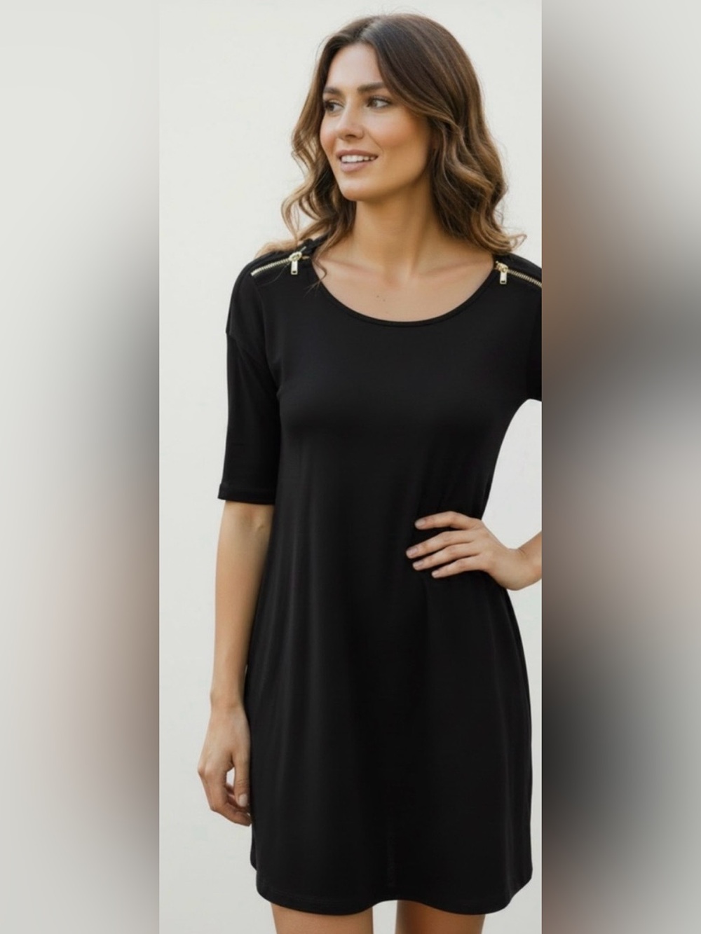 Juicy Couture Black Elbow Sleeve Mini Dress with Shoulder Zippers